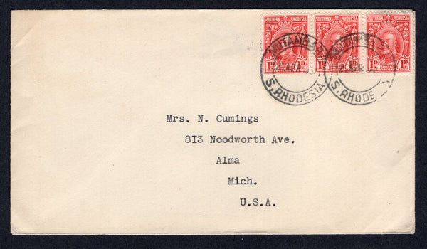 RHODESIA - SOUTHERN RHODESIA - 1933 - CANCELLATION: Cover franked with strip of three 1931 1d scarlet GV issue (SG 16b) tied by two strikes of MUTAMBARA cds. Addressed to USA. Scarcer origination.  (RHO/22163)