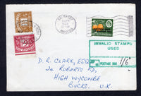 RHODESIA - 1968 - ILLEGAL USE: Cover franked with single 1966 4d yellow orange & deep green QE2 issue with 'Independence' overprint (SG 363) tied by SALISBURY machine cancel. Addressed to UK with large boxed 'INVALID STAMPS USED POSTAGE DUE 1/6' cachet in green on front with added Great Britain 1959 6d purple and 1/- ochre 'Postage Due' issue (SG D63/D64) tied by oval REGISTERED HIGH WYCOMBE cancel.  (RHO/22168)