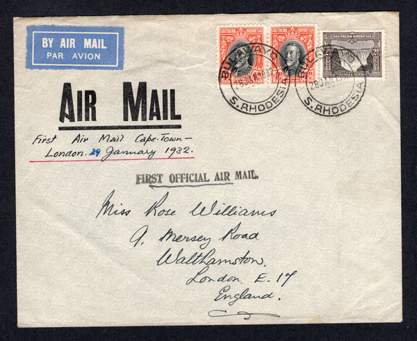 RHODESIA - SOUTHERN RHODESIA - 1932 - FIRST FLIGHT: Airmail cover with manuscript 'First Air Mail Capetown - London 29 January 1932' on front franked with 1931 2d black & sepia and pair 4d black & vermilion GV issue (SG 17 & 19) tied by BULAWAYO cds's dated 28 JAN 1932 with straight line 'FIRST OFFICIAL AIR MAIL' cachet alongside. Addressed to UK. (Muller #5)  (RHO/22174)