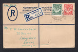 RHODESIA - NORTHERN RHODESIA - 1953 - POSTAL STATIONERY: 4d dull blue GVI postal stationery registered envelope (H&G C2) used with added 1938 1d green and 2d carmine red GVI issue (SG 28 & 32) tied by LUANSHYA cds's dated 26 1 1953 with printed blue & white 'LUANSHYA' registration label on front. Addressed to SOUTH AFRICA with LADYSMITH, NATAL arrival cds on reverse.  (RHO/30921)