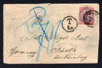 RHODESIA - 1897 - ARMS ISSUE: Cover franked with single 1896 6d mauve & rose 'Arms' issue (SG 46) tied by BULAWAYO RHODESIA cds dated OC 15 1897. Addressed to GERMANY, taxed on arrival with octagonal 'T 5 c' marking with manuscript notation in blue crayon and unusual 'P.C.' marking in black. Arrival cds on reverse. Cover is a little grubby but still very scarce.  (RHO/31995)