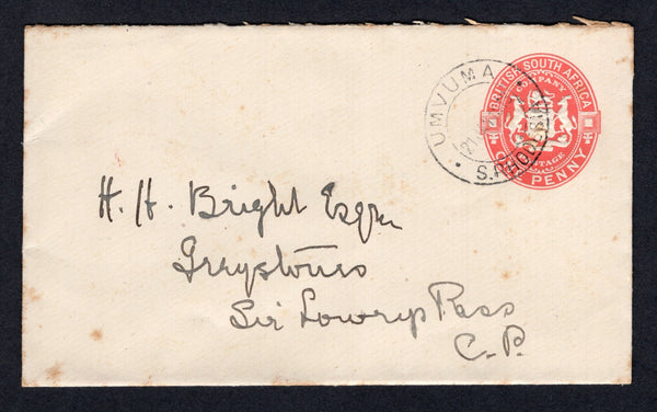 RHODESIA - 1913 - POSTAL STATIONERY & CANCELLATION: 1d red on thick white laid paper postal stationery envelope (H&G B2) used with fine strike of UMVUMA S. RHODESIA cds dated 21 JAN 1913. Addressed to SIR LOWRY'S PASS, CAPE OF GOOD HOPE with arrival cds in purple on reverse.  (RHO/33490)