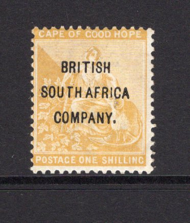 RHODESIA - 1896 - PROVISIONAL ISSUE: 1/- yellow ochre with 'BRITISH SOUTH AFRICA COMPANY' overprint on Cape of Good Hope issue. A fine mint copy. (SG 64)  (RHO/34610)