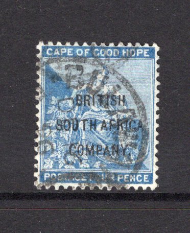 RHODESIA - 1896 - PROVISIONAL ISSUE: 4d blue 'BRITISH SOUTH AFRICA COMPANY' overprint on Cape of Good Hope issue. A fine copy from position 2 of the setting of 6 used with part BULAWAYO RHODESIA cds dated DE 16 1896. (SG 62)  (RHO/40756)