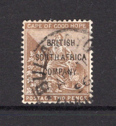 RHODESIA - 1896 - PROVISIONAL ISSUE: 2d deep bistre 'BRITISH SOUTH AFRICA COMPANY' overprint on Cape of Good Hope issue. A fine copy from position 6 of the setting of 6 used with part BULAWAYO RHODESIA cds dated AU 31 1896. (SG 60)  (RHO/40757)