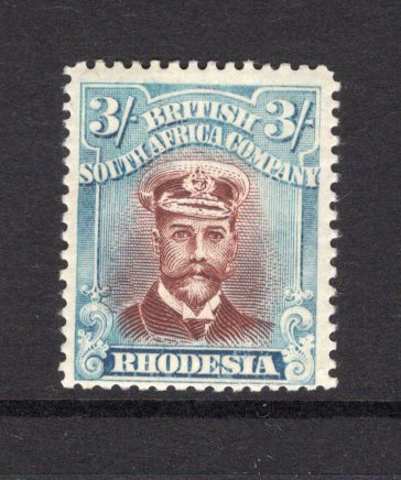 RHODESIA - 1922 - ADMIRAL ISSUE: 3/- red brown & turquoise blue 'Admiral' issue, Die 3B, perf 14. A fine mint copy. (SG 304)  (RHO/40889)