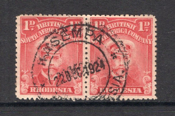 RHODESIA - 1922 - CANCELLATION: 1d aniline red 'Admiral' issue on toned paper, perf 14, a fine used pair with good strike of KASEMPA N.W RHODESIA cds dated 22 DEC 1924. (SG 286)  (RHO/40892)