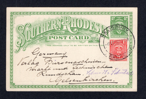 RHODESIA - SOUTHERN RHODESIA - 1929 - POSTAL STATIONERY: ½d yellowish green on light cream GV 'Admiral' postal stationery card on thinner stock (H&G 1a) used with added 1924 1d bright rose 'Admiral' issue (SG 2) tied by large SALISBURY cds dated 4 FEB 1929. Addressed to GERMANY.  (RHO/41072)