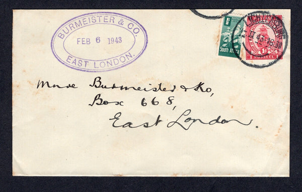 SOUTH AFRICA - 1943 - POSTAL STATIONERY: 1d carmine on cream 'Ship' postal stationery envelope (H&G B3a) used with added 1942 ½d blue green (SG 97) tied by LICHTENBURG cds. Addressed to EAST LONDON.  (SAF/22445)