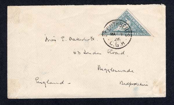 SOUTH AFRICA - 1926 - TRIANGULAR ISSUE: Cover franked with single 1926 4d grey blue 'Triangular' issue with text in English, imperf with margins all round (SG 33) tied by fine ST CUTHBERTS C.G.H. cds. Addressed to UK.  (SAF/22466)
