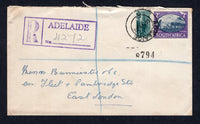 SOUTH AFRICA - 1946 - REGISTRATION & CANCELLATION: Registered cover franked with 1942 4d slate green and 1945 2d slate blue & violet (SG 103 & 109, latter stamp with small scuff) tied by ADELAIDE cds with boxed 'ADELAIDE' registration marking in purple on front. Addressed to EAST LONDON with arrival cds on reverse.  (SAF/22482)