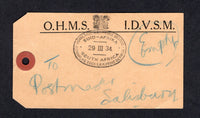 SOUTH AFRICA - 1934 - OFFICIAL MAIL & ROYAL TOUR: Stampless printed 'O.H.M.S. / I.D.V.S.M.' official baggage label with fine strike of oval 'ROYAL TOUR H.R.H. PRINCE GEORGE SOUTH AFRICA' Crown cachet in black dated 29 MAR 1934. Addressed to SALISBURY, RHODESIA.  (SAF/22501)