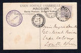 SOUTH AFRICA - 1907 - INCOMING MAIL & DESTINATION: Incoming colour PPC 'Madeira, Funchal, Rua de Aljube' franked with FUNCHAL 1897 20rs deep lilac (SG 114) tied by FUNCHAL cds. Addressed to 'Gt Brak River, Cape Colony, South Africa' with CAPE TOWN transit cds and fine strike of GREAT BRAK RIVER arrival cds all on front.  (SAF/22509)