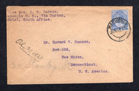 SOUTH AFRICA - 1923 - CANCELLATION: Cover with typed 'Mapumulo M.S.' (Mission Station) return address at top left franked with 1914 3d ultramarine GV Head issue (SG 9) tied by fine MAPUMULO cds (Natal). Addressed to USA.  (SAF/2269)