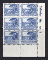 SOUTH AFRICA - 1947 - MULTIPLE: 3d dull blue 'Screened Rotogravure' issue, a fine unmounted mint corner marginal block of six comprising three horizontal pairs with 'Cylinder No. 44 B' imprint in margin. (SG 117)  (SAF/34712)