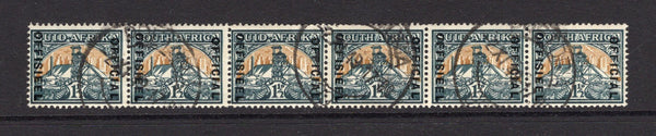 SOUTH AFRICA - 1944 - OFFICIAL ISSUE & MULTIPLE: 1½d blue green and yellow buff with 'OFFICIAL' overprint in black, a fine cds used strip of six comprising of three pairs. (SG O33)  (SAF/40701)