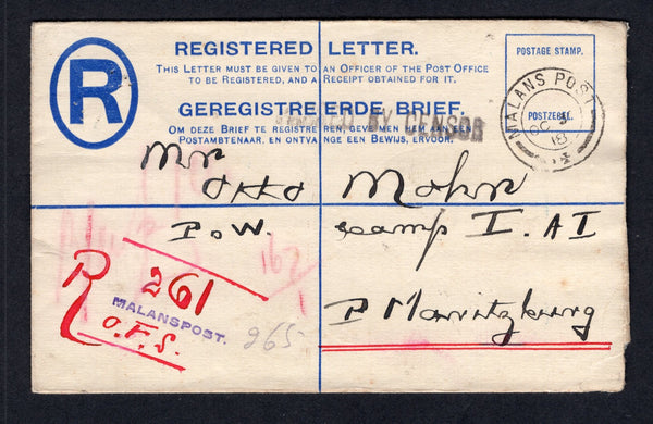 SOUTH AFRICA - 1918 - POSTAL STATIONERY, REGISTRATION & CANCELLATION: 4d blue on creamy white GV postal stationery registered envelope (H&G C1a) used with multiple strikes of MALANS POST cds dated OCT 30 1918 on front & reverse with straight line 'MALANSPOST' registration handstamp with 'R 261' & 'O.F.S.' added in red manuscript on front. Addressed to P MARITZBURG with BETHLEHEM transit cds on reverse and straight line 'PASSED BY CENSOR' marking on front. Very fine.  (SAF/41419)