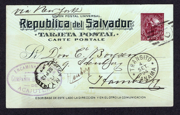 SALVADOR - 1894 - POSTAL STATIONERY & CANCELLATION: 3c plum on pale blue & green postal stationery card (H&G 26) date lined 'Santa Ana' with fine strike of USA Maritime barred numeral '12' cancel with oval 'ENCAMINADA POR COMPANIA DE AGENCIAS DE ACAJUTLA' cachet in purple on front. Addressed to GERMANY with TRANSITO PANAMA and USA transit cds also on front.  (SAL/10717)