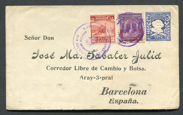 SALVADOR - 1925 - POSTAL STATIONERY: 6c blue postal stationery envelope (H&G B113) used with added 1925 2c on 60c violet 'Fourth Centenary of San Salvador' issue (SG 760) tied by SAN SALVADOR cds dated 2 AGO 1925 (possibly first day of issue) postage was evidently underpaid and then additionally franked with 1925 2c red (SG 751) overlapping the first postmark and tied by different SAN SALVADOR cds dated 3 AGO 1925. Addressed to SPAIN with BARCELONA arrival mark on reverse.  (SAL/10736)