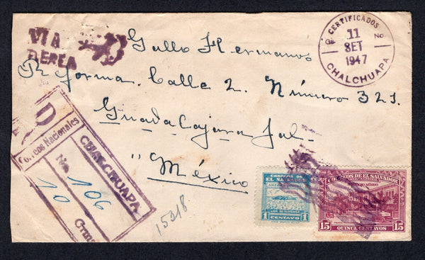 SALVADOR - 1947 - CANCELLATION & REGISTRATION: Cover franked with 1944 15c mauve and 1946 1c blue on front and 1938 10c orange and 1946 5c carmine on reverse (SG 933, 947, 897 & 949) tied by 'Wavy Lines' cancels with fine CERTIFICADOS CHALCHUAPA cds & boxed CHALCHUAPA registration marking on front. Sent airmail to MEXICO with small 'VIA AEREA' airplane handstamp and MEXICO arrival marks on reverse.  (SAL/10747)