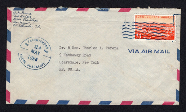 SALVADOR - 1956 - CANCELLATION: Airmail cover franked with single 1954 20c red orange (SG 1066) tied by 'Wavy Lines' cancel with fine ENCOMIENDAS NUEVA GUADALUPE cds alongside in blue. Addressed to USA.  (SAL/10748)