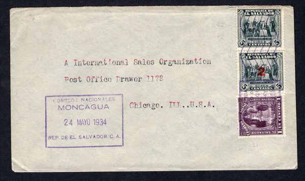 SALVADOR - 1934 - CANCELLATION: Cover franked with 1924 1c purple & 5c grey black and 1934 2c on 5c grey black (SG 750, 753 & 815) tied by boxed 'Tome Agua de Lago de Coatepeque El Vichy Salvadoreno' roller cancel with fine strike of large boxed CORREOS NACIONALES MONCAGUA cancel alongside in purple. Addressed to USA with transit marks on reverse.  (SAL/10749)