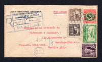 SALVADOR - 1935 - REGISTRATION & DESTINATION: Registered cover franked with 1924 1c purple, 1930 20c green AIR issue, 1934 15c on 35c olive green & rose, 2c brown and 1 col black AIR issue (SG 750, 776, 819, 820 & 825) tied by large boxed 'Correo Aereo' roller cancel with boxed registration marking alongside. Addressed to CHILE with arrival cds on reverse.  (SAL/10755)