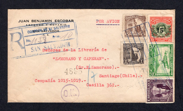 SALVADOR - 1935 - REGISTRATION & DESTINATION: Registered cover franked with 1924 1c purple, 1930 20c green AIR issue, 1934 15c on 35c olive green & rose, 2c brown and 1 col black AIR issue (SG 750, 776, 819, 820 & 825) tied by large boxed 'Correo Aereo' roller cancel with boxed registration marking alongside. Addressed to CHILE with arrival cds on reverse.  (SAL/10755)