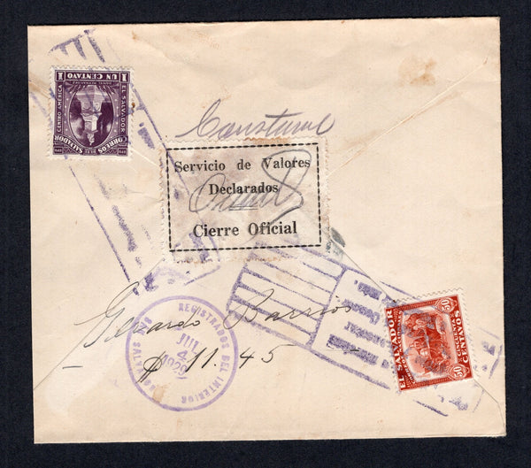 SALVADOR - 1929 - REGISTRATION & DECLARED VALUE: Registered cover franked on reverse with 1924 1c purple & 50c red brown (SG 750 & 758) tied by boxed roller cancels with SONSONATE cds and boxed registration marking on front. Addressed to SAN SALVADOR with black & white 'Servicio de Valores Declarados Cierre Oficial' perforated OFFICIAL SEAL signed and tied on reverse with SAN SALVADOR arrival cds alongside.  (SAL/10765)