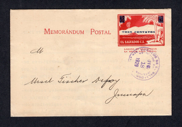 SALVADOR - 1929 - POSTAL STATIONERY: 3c on 7c dark red on cream postal stationery lettersheet (H&G G2) used with SAN SALVADOR cds. Addressed to JUCUAPA with arrival cds on reverse. Commercial use.  (SAL/17458)