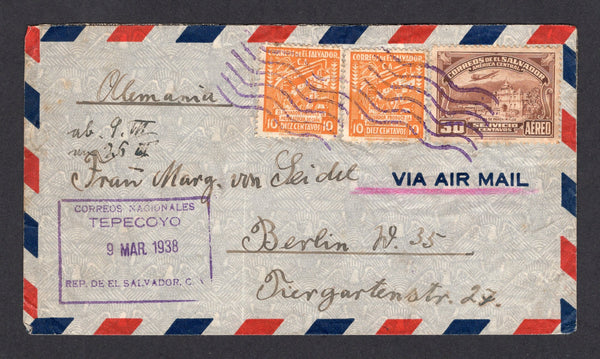 SALVADOR - 1938 - CANCELLATION: Airmail cover franked with 2 x 1935 10c orange and 1937 30c brown AIR issue (SG 868 & 877) tied by purple 'Lines' cancel with fine strike of boxed CORREOS NACIONALES TEPECOYO cancel alongside. Addressed to GERMANY with SAN SALVADOR transit mark on reverse.  (SAL/17561)