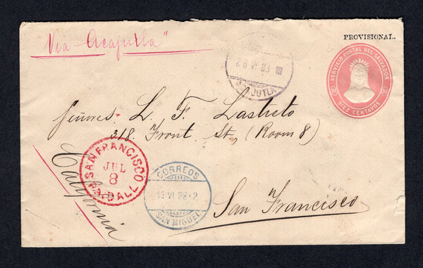 SALVADOR - 1888 - POSTAL STATIONERY: 10c salmon postal stationery envelope (H&G B2 with pointed flaps, variety unlisted) used with SAN MIGUEL cds in blue dated 13 VI 1888, endorsed 'Via Acajutla' in red with ACAJUTLA transit cds on front dated 26 VI 1888. Addressed to USA with fine SAN FRANCISCO PAID ALL cds in red on front  and various other transit marks on reverse. Fine & rare.  (SAL/19723)