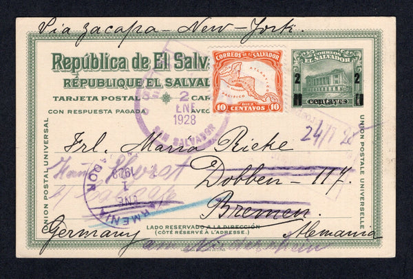 SALVADOR - 1928 - POSTAL STATIONERY & CANCELLATION: 2c on 1c green postal stationery card (H&G 99) used with added 1924 10c orange (SG 755) tied by light roller cancel with ARMENIA cds alongside. Addressed to GERMANY with SAN SALVADOR transit cds on front.  (SAL/19809)