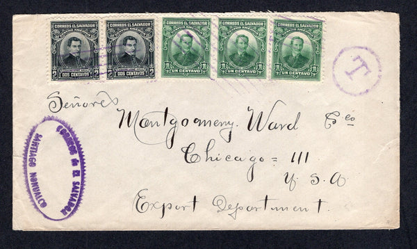 SALVADOR - 1924 - CANCELLATION: Cover franked with 1921 3 x 1c green and pair 2c black (SG 728/729) tied by 'Lines' cancels with fine strike of undated oval CORREOS DE EL SALVADOR SANTIAGO NONUALCO cancel alongside. Addressed to USA with transit marks on reverse. Scarce origination.  (SAL/23673)