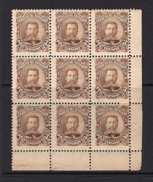 SALVADOR - 1895 - UNISSUED & SEEBECK ISSUE: 3c brown 'General Ezeta' SEEBECK issue, PREPARED FOR USE BUT UNISSUED a fine mint corner marginal block of nine.  (SAL/25656)