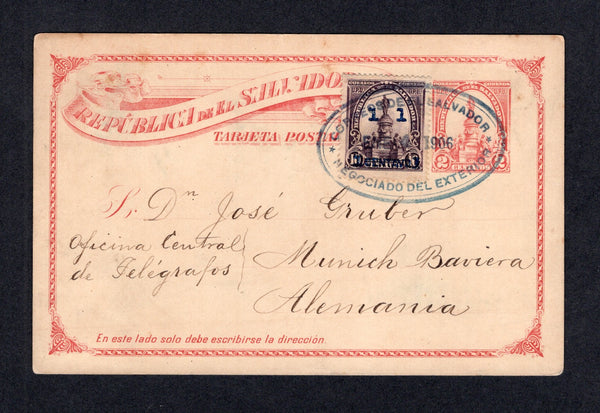 SALVADOR - 1906 - POSTAL STATIONERY & PROVISIONAL ISSUE: 2c rose on cream postal stationery card (H&G 59) used with added 1905 1c on 10c dull purple 'Provisional' issue (SG 524) tied by large oval CORREOS DE EL SALVADOR NEGOCIADO DEL EXTERIOR cancel in blue black dated JAN 4 1906. Addressed to GERMANY.  (SAL/26867)