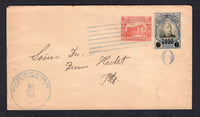 SALVADOR - 1918 - POSTAL STATIONERY: 6c on 5c black & blue postal stationery envelope with '1910' overprint in black (H&G B102) used with added 1916 2c red (SG 684) tied by 'Lines' cancel, however the envelope was deemed to be invalid with large '0' handstamp in blue below the stamp imprint (this envelope series was demonetised in 1913) with NEGOCIADO DEL INTERIOR SAN SALVADOR cds alongside dated 10 OCT 1918 on front. Addressed locally.  (SAL/30868)