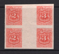 SALVADOR - 1896 - POSTAGE DUE ISSUE & VARIETY: 2c red and 3c red SEEBECK 'Postage Due' issue, a fine mint IMPERF inter-panneau block of four consisting of two of each value, without watermark, from the original printing on thin paper with horizontal mesh and clear gum. The plate lay out of eight panes of twenty five allowed for the gutter pairs of different values. (D151B & D152B variety)  (SAL/34697)