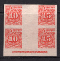 SALVADOR - 1896 - POSTAGE DUE ISSUE & VARIETY: 10c red and 15c red SEEBECK 'Postage Due' issue, a fine mint IMPERF inter-panneau block of four consisting of two of each value, without watermark, from the original printing on thin paper with horizontal mesh and clear gum. The block has a complete 'Hamilton Bank Note Eng & Ptg Co. New York' imprint at bottom. The plate lay out of eight panes of twenty five allowed for the gutter pairs of different values. (D154B & D155B variety)  (SAL/34699)