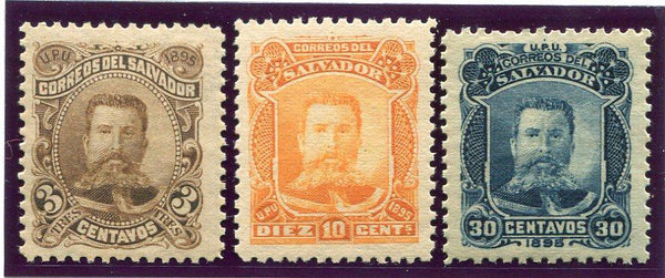 SALVADOR - 1895 - UNISSUED & SEEBECK ISSUE: 3c brown, 10c orange & 30c blue 'General Ezeta' SEEBECK issue, PREPARED FOR USE BUT UNISSUED the set of three fine mint.  (SAL/34775)