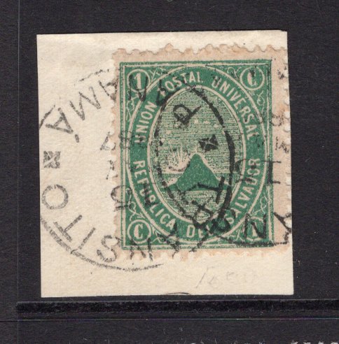 SALVADOR - 1879 - CLASSIC ISSUES: 1c deep green 'Volcano' issue later impression fine used on small piece tied by superb TRANSITO PANAMA cds dated 15 MAY 1887. (SG 14)  (SAL/3794)