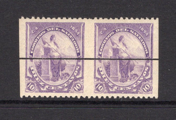 SALVADOR - 1894 - SEEBECKS: 10c violet 'Seebeck' issue an IMPERF BETWEEN HORIZONTAL pair with ruled line through centre. This was printed as a Salesman's SPECIMEN stamp to show the quality of printing to prospective clients. (As SG 85)  (SAL/3799)