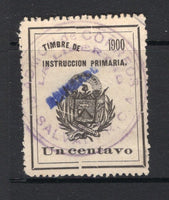 SALVADOR - 1900 - SCHOOL TAX ISSUE: 1c black 'Timbre de Instruccion Primaria' SCHOOL TAX stamp dated '1900' with 'REVISADO' overprint in blue used with fine complete strike of ADMON DE CORREOS LA LIBERTAD cds.  (SAL/38382)