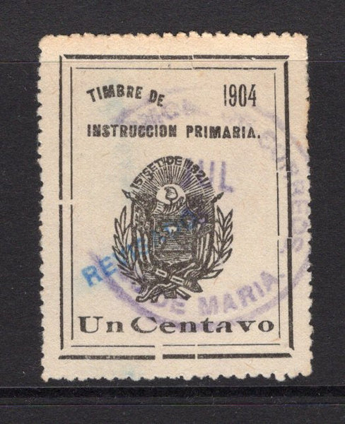 SALVADOR - 1904 - SCHOOL TAX ISSUE: 1c black 'Timbre de Instruccion Primaria' SCHOOL TAX stamp dated '1904' with 'REVISADO' overprint in blue used with good strike of ADMON DE CORREOS SANTIAGO DE MARIA cds.  (SAL/38386)