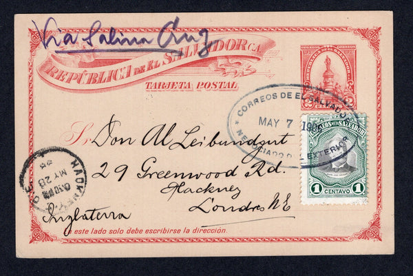 SALVADOR - 1906 - POSTAL STATIONERY: 2c rose red on cream postal stationery card (H&G 59) used with added 1906 1c black & green 'Escalon' issue (SG 570) tied by oval CORREOS DE EL SALVADOR NEGOCIADO DEL EXTERIOR cancel dated MAY 7 1906. Addressed to UK with arrival cds on front.  (SAL/38387)