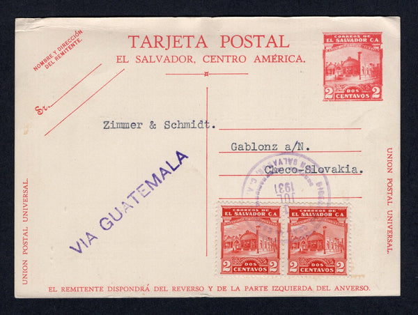 SALVADOR - 1931 - POSTAL STATIONERY: 2c scarlet on cream postal stationery card (H&G 113) used with added pair 1924 2c red (SG 751) tied by SAN SALVADOR cds dated 1 JUL 1931. Addressed to CZECHOSLOVAKIA with 'VIA GUATEMALA' handstamp on front.  (SAL/38388)
