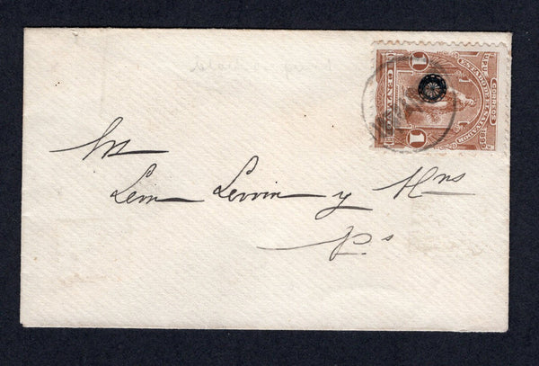 SALVADOR - Circa 1900 - RATE: Small unsealed business card envelope franked with single 1899 1c pale brown 'Ceres' issue with 'Wheel' overprint in black (SG 318) tied by undated circular 'S. Salvador' cancel in black. Addressed locally. Unusual.  (SAL/38389)