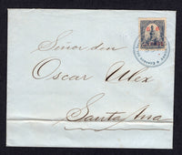 SALVADOR - 1905 - PROVISIONAL ISSUE: Cover franked with single 1905 6c on 12c slate 'Provisional' SURCHARGE issue (SG 530) tied by CORREOS DEL SALVADOR ADMON CENTRAL cds in black dated 9 OCT 1905. Addressed to SANTA ANA with arrival cds on reverse.  (SAL/38391)