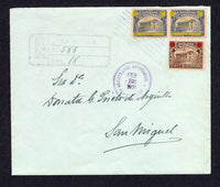 SALVADOR - 1921 - PROVISIONAL ISSUE, REGISTRATION & TRIAL OVERPRINTS: Registered cover franked with 1919 5c on 50c grey 'Provisional' SURCHARGE issue with TRIAL OVERPRINT IN YELLOW and 6c on 25c brown with TRIAL OVERPRINT IN RED all tied by 'Lines' cancels with NEGOCIADO DE REGISTRADOS DEL INTERIOR cds dated FEB 23 1921 with boxed 'SAN SALVADOR' registration marking alongside both in purple. Addressed to SAN MIGUEL. Fine and rare and most probably a unique franking utilising the trial overprints.  (SAL/383