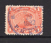 SALVADOR - 1867 - CLASSIC ISSUES & CANCELLATION: 1r vermilion 'San Miguel Volcano' issue, a fine used copy with good large part strike of PURSER P.M.S.S.Co cds of the Pacific Mail Steamship Co. dated DEC 29 1882, however the ship name is struck off the stamp. (SG 2)  (SAL/39188)